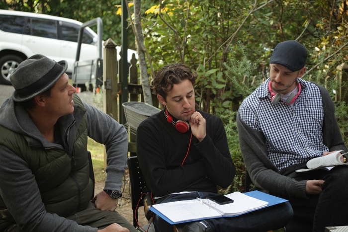 Cinematographer Andre Deubel, Director Kane Guglielmi and Screenwriter John Ratchford on the set of Cooped Up.